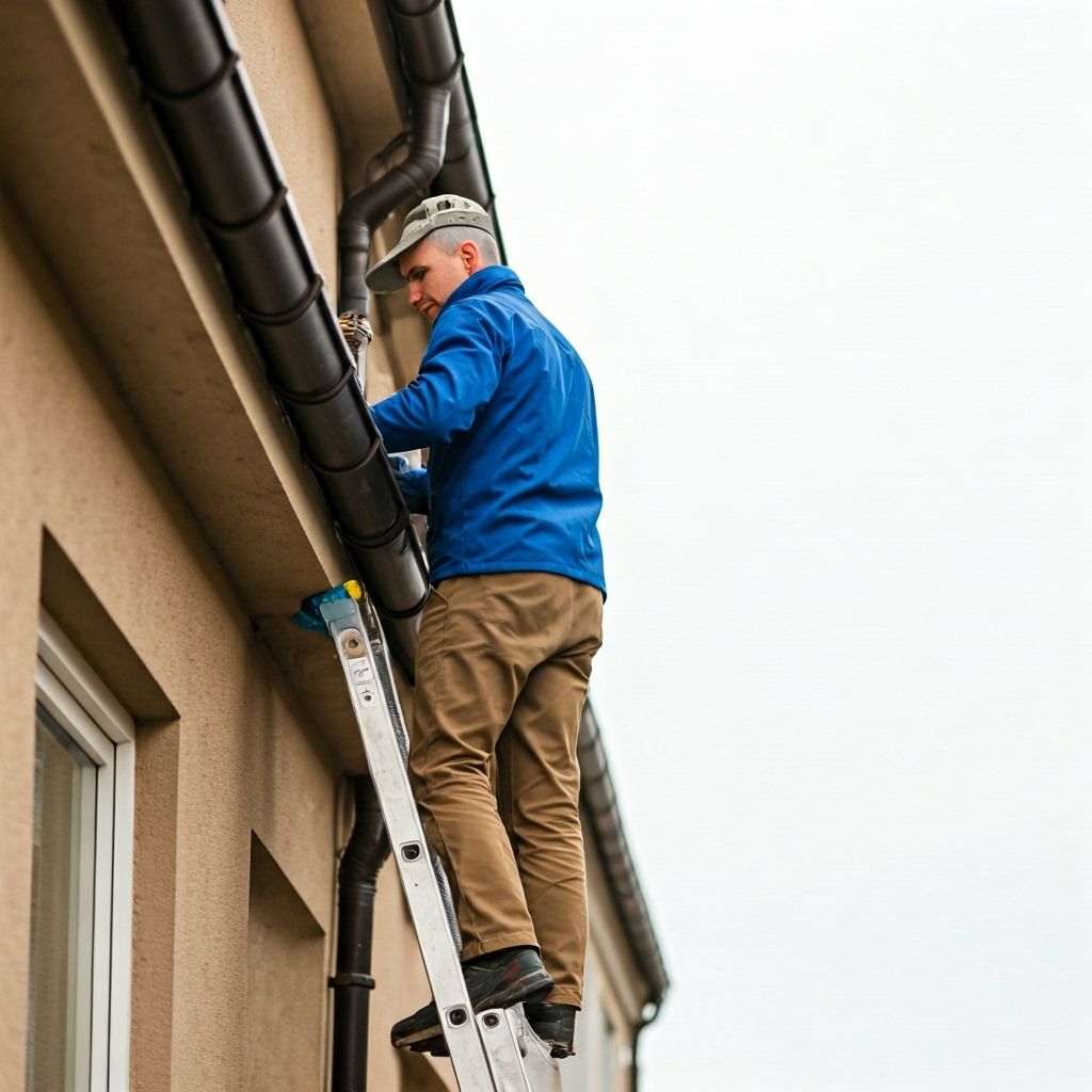 Person cleaning gutters while on ladder