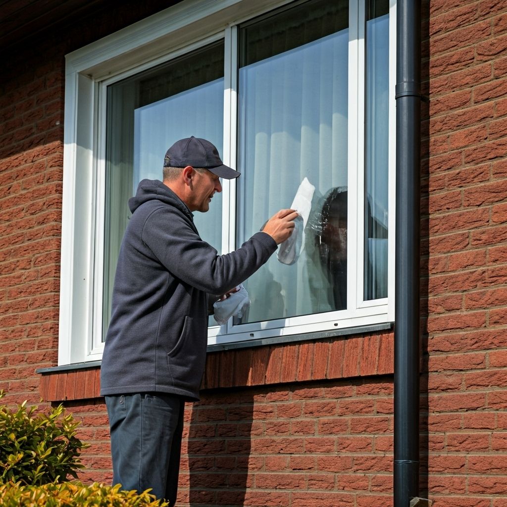 Person cleaning windows on house exterior with squeegee