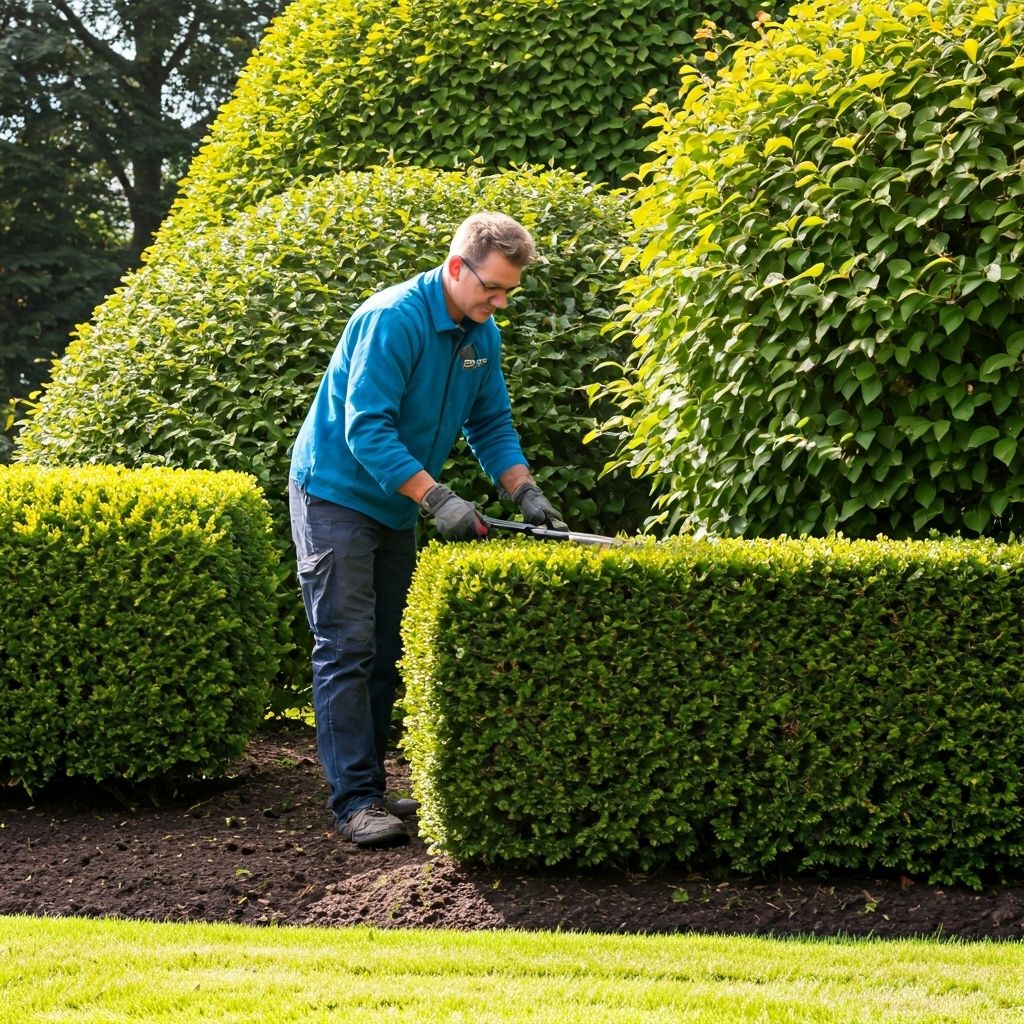 Person landscaping yard and trimming hedges with tools