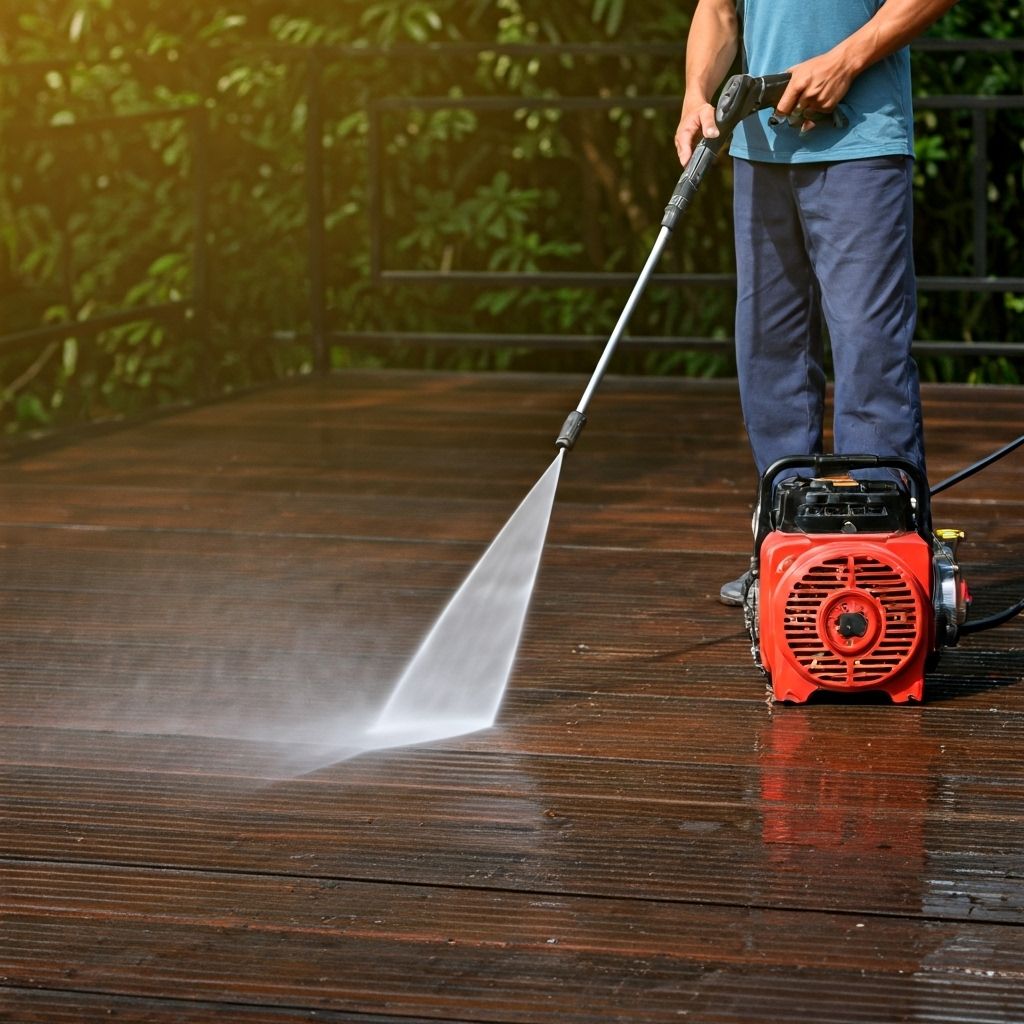 Person power washing wooden deck with professional equipment