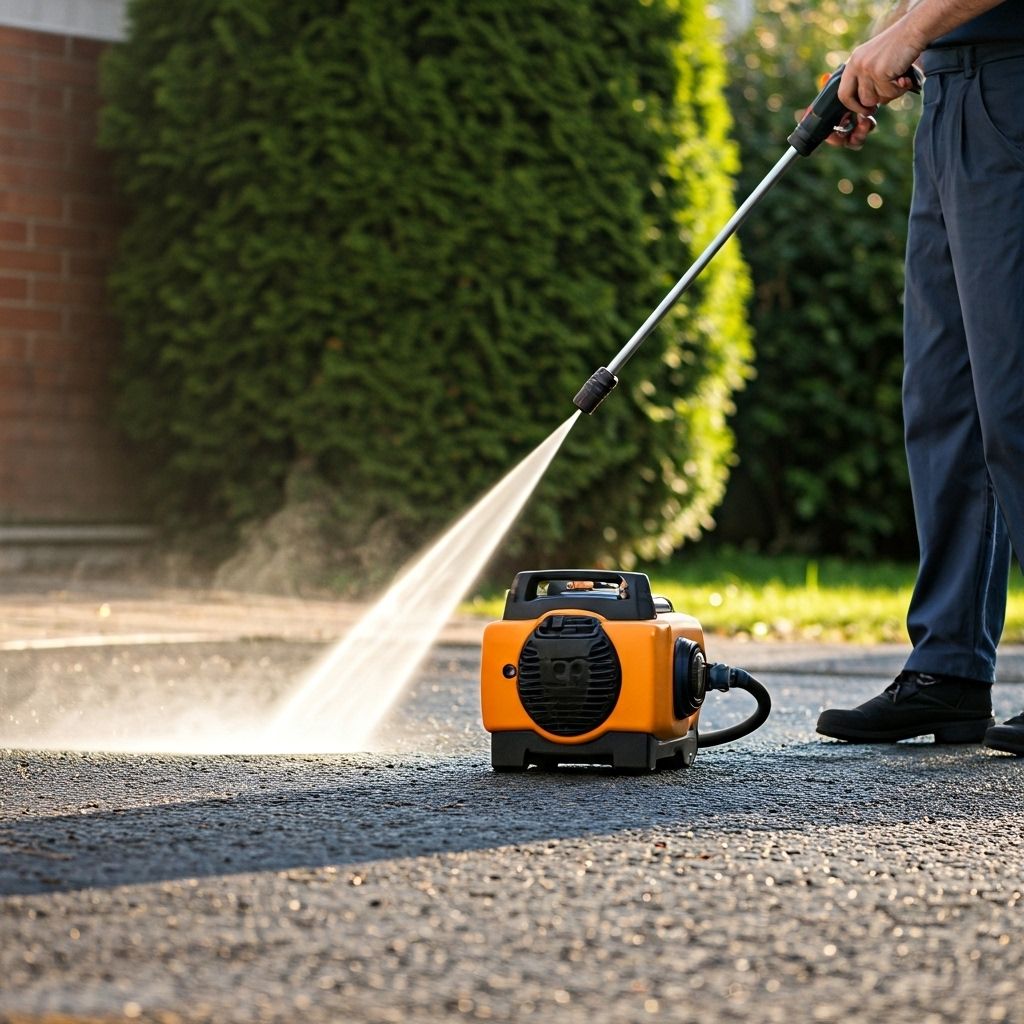 Person pressure washing driveway with professional equipment