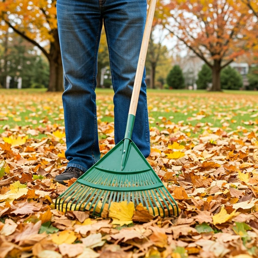 Person raking leaves in autumn yard with rake